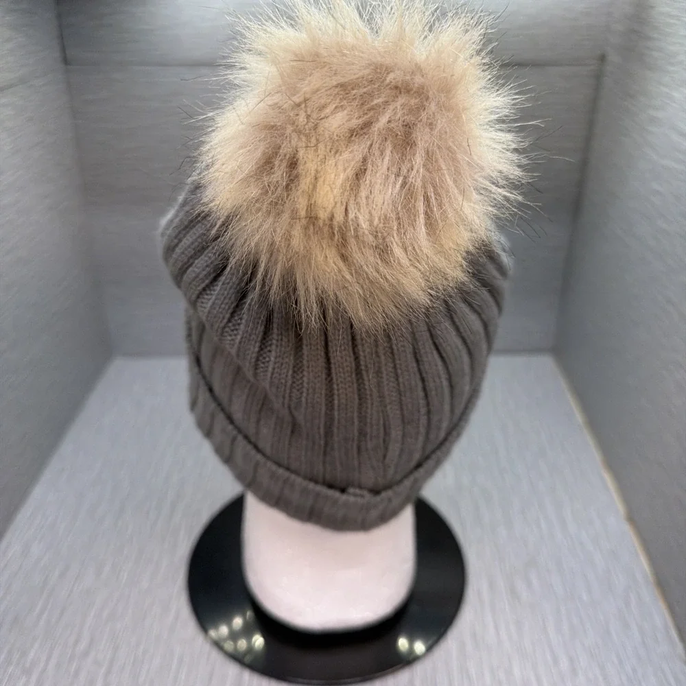 Baby Phat Beanie Knit Hat Grey‎ Faux Fur Pom Y2K Streetwear One Size